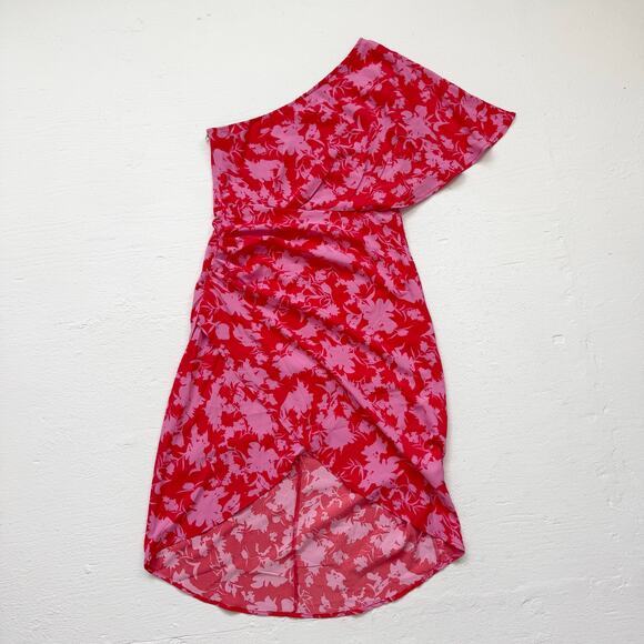 Pink Floral One Shoulder Ruched Dress, Size Large - Picture 1 of 7